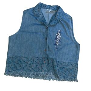 Vintage two twenty 220 denim button sleeveless top shirt floral pattern M y2k